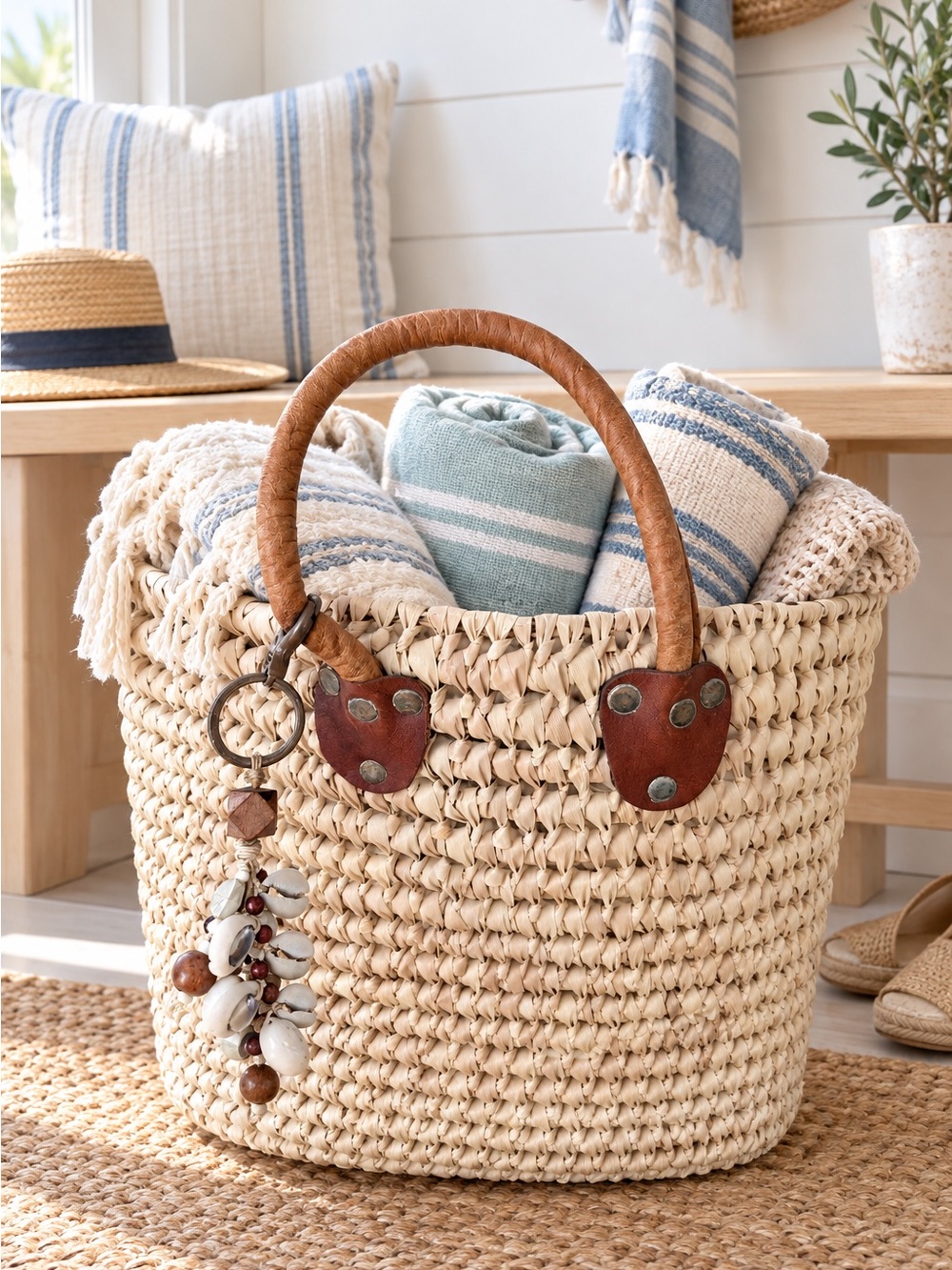 Unique Oversized Handwoven Raffia Basket Tote with Leather Handles & Shell Charm